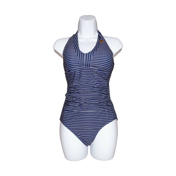 Nip Tuck Swim Halter Mini Rope Ruched Sides One Piece Swimsuit Navy Size 4 - Picture 1 of 2